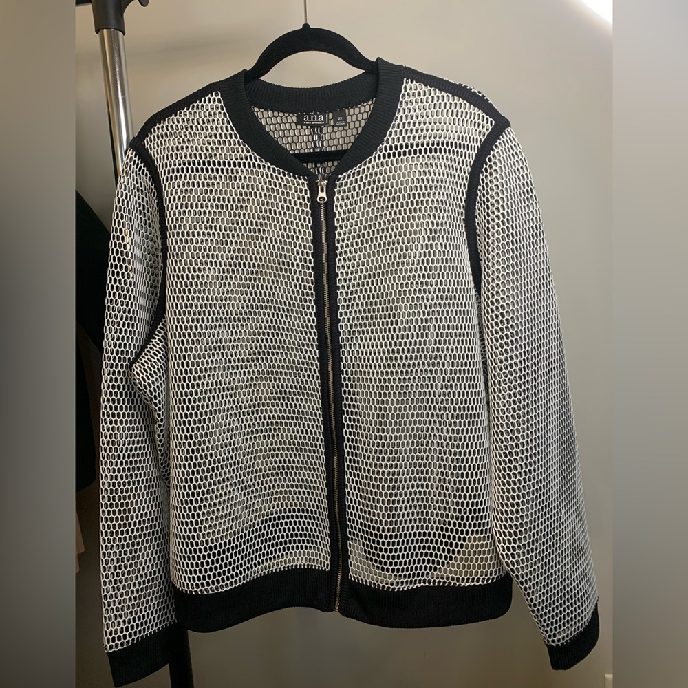 NWT A.N.A. Plus Size Black and White Mesh Bomber Jacket